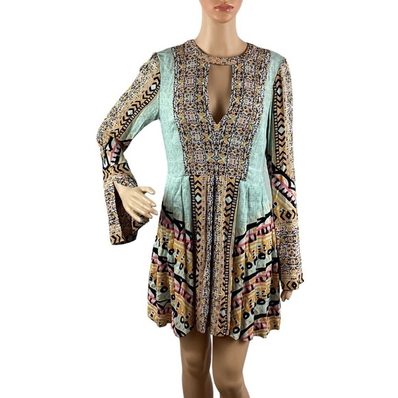 Free People Tegan Border Printed Mini Dress Size 2 Blue Combo - Picture 1 of 7